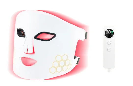 LED face mask with digital display on a white background