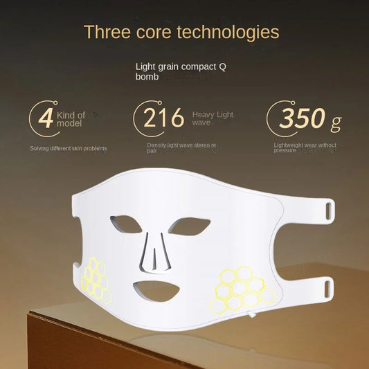White face mask on a brown surface with text displaying features like mode, wave type, and weight.