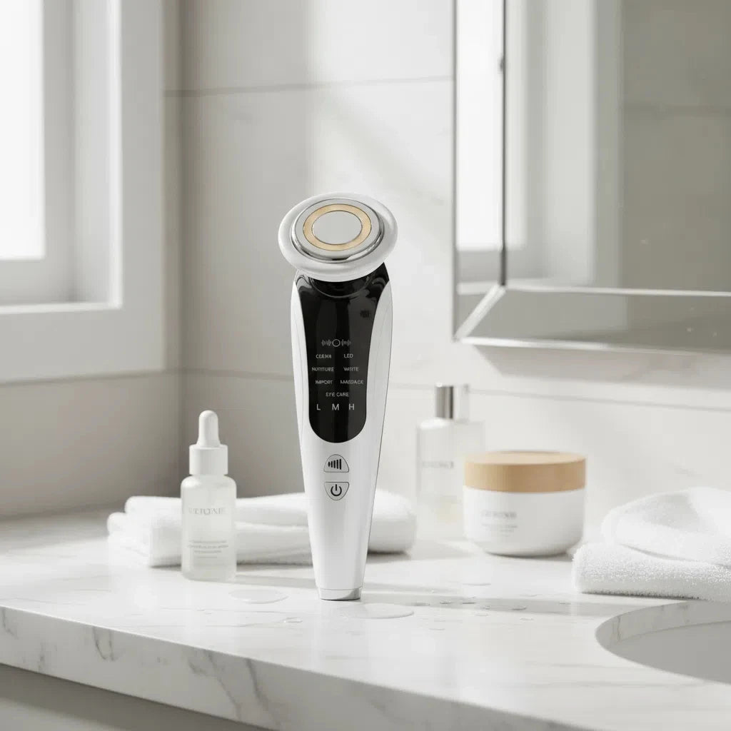 EMS Facial Massager Face Beauty Instrument with Induced Vibration and Hot Compress Face Skin Care Tool 7 in 1 LED Light Therapy Sqin Med by Nurse Faye