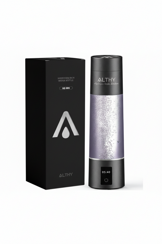 Althy hydrogen-rich water bottle with packaging on a white background